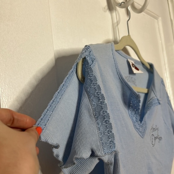 Harley-Davidson Baby Blue Lace Neckline Micro Ribbed Knit Babydoll Graphic Tee M - Picture 5 of 11